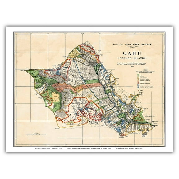 Oahu Hawaii - Hawaiian Islands - Survey Map - T.H. Territory of Hawaii USA - Vintage Map by John M. Donn c.1902 - Master Art Print (Unframed) 9in x 12in