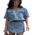 thumbnail image 2 of LYMAYTER Women‌ Denim Two Piece Set‌ V Neck Short Sleeve Top Pullover High Waisted Jean Skorts Skirts, 2 of 7