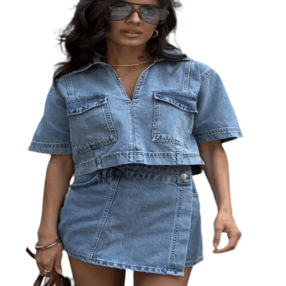 LYMAYTER Women Denim 2 Piece Set Summer Fashion V-Neck Top & Edgy Asymmetric Skirt Shorts Set S-XL
