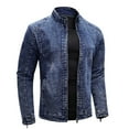 thumbnail image 5 of Lilgiuy Men’s Fleece Denim Jacket Casual Solid Color Long Sleeve Zipper Stretch Washed Denim Jacket Blue, 5 of 5