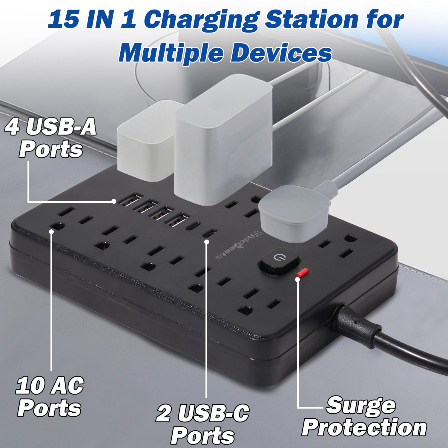 Vivicreate 15-in-1 Power Strip Surge Protector with 10 AC Outlets, 4 USB-A and 2 USB-C Ports, Ultra Flat Plug 3 ft Extension Cord, Wall Mount Charging Station for Home Office Dorm