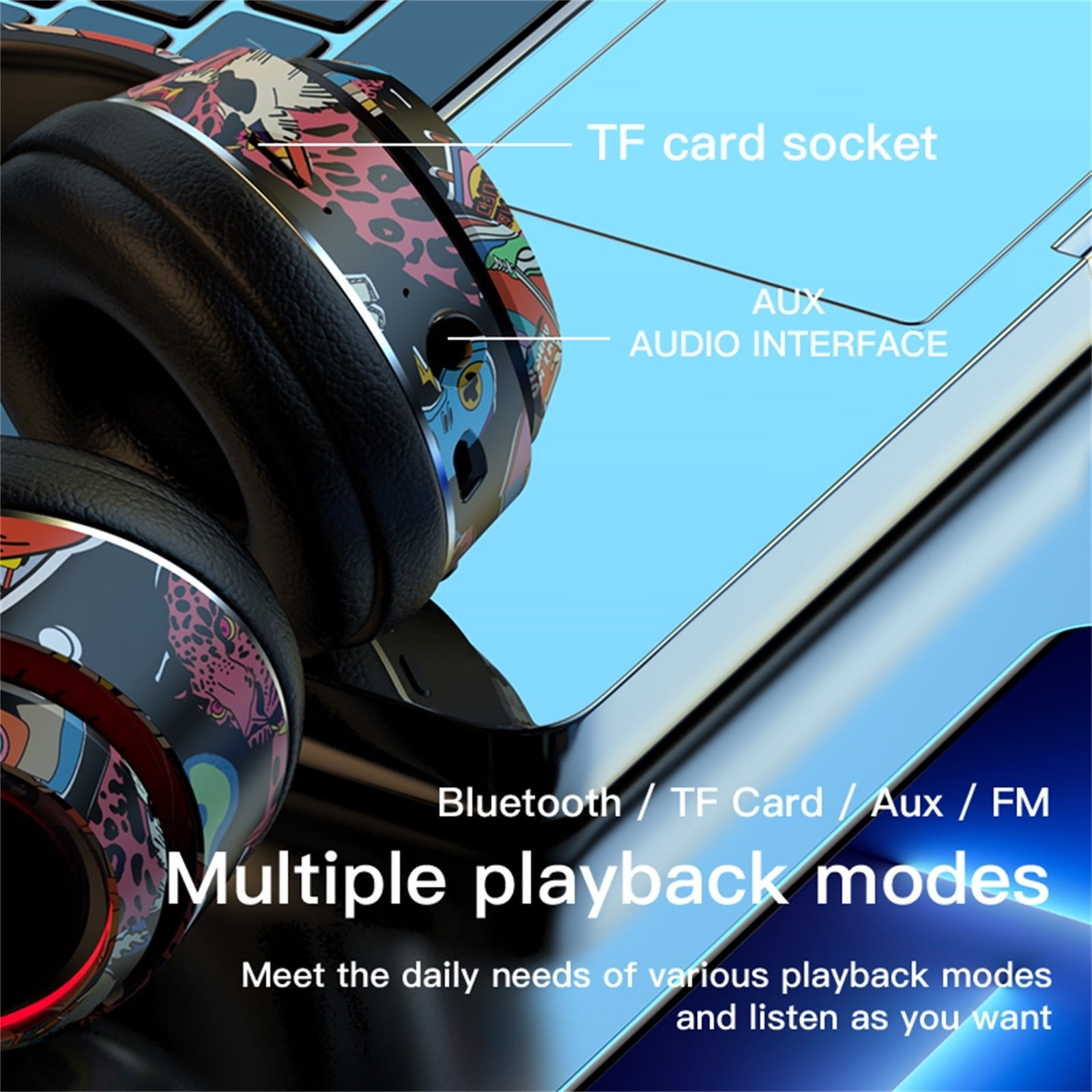 Cool Graffiti LED Wireless Gaming Headset - Bluetooth 5.1 Over-Ear Headphones with Mic for Xbox/PC, RGB Lights & 8H Playtime - Great Gift for Teens