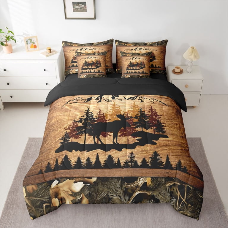 Homewish Wild Moose Deer 7-Piece Twin Bedding Sets,Rustic Plant