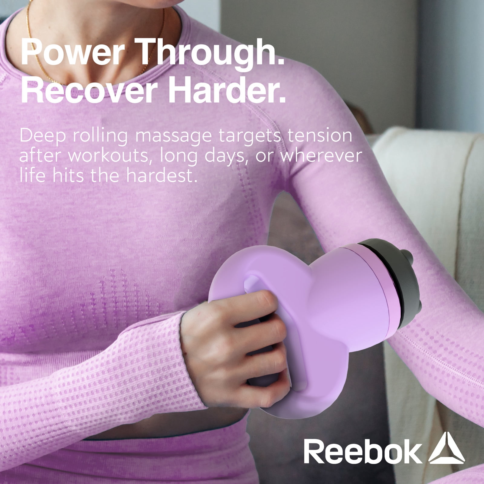 Reebok Deep-Rolling Shiatsu Massager, 4 Intensity Levels, 3 Massage Heads, Comfort Grip, Purply pink, Relieves Muscle Tension, Promotes Relaxation