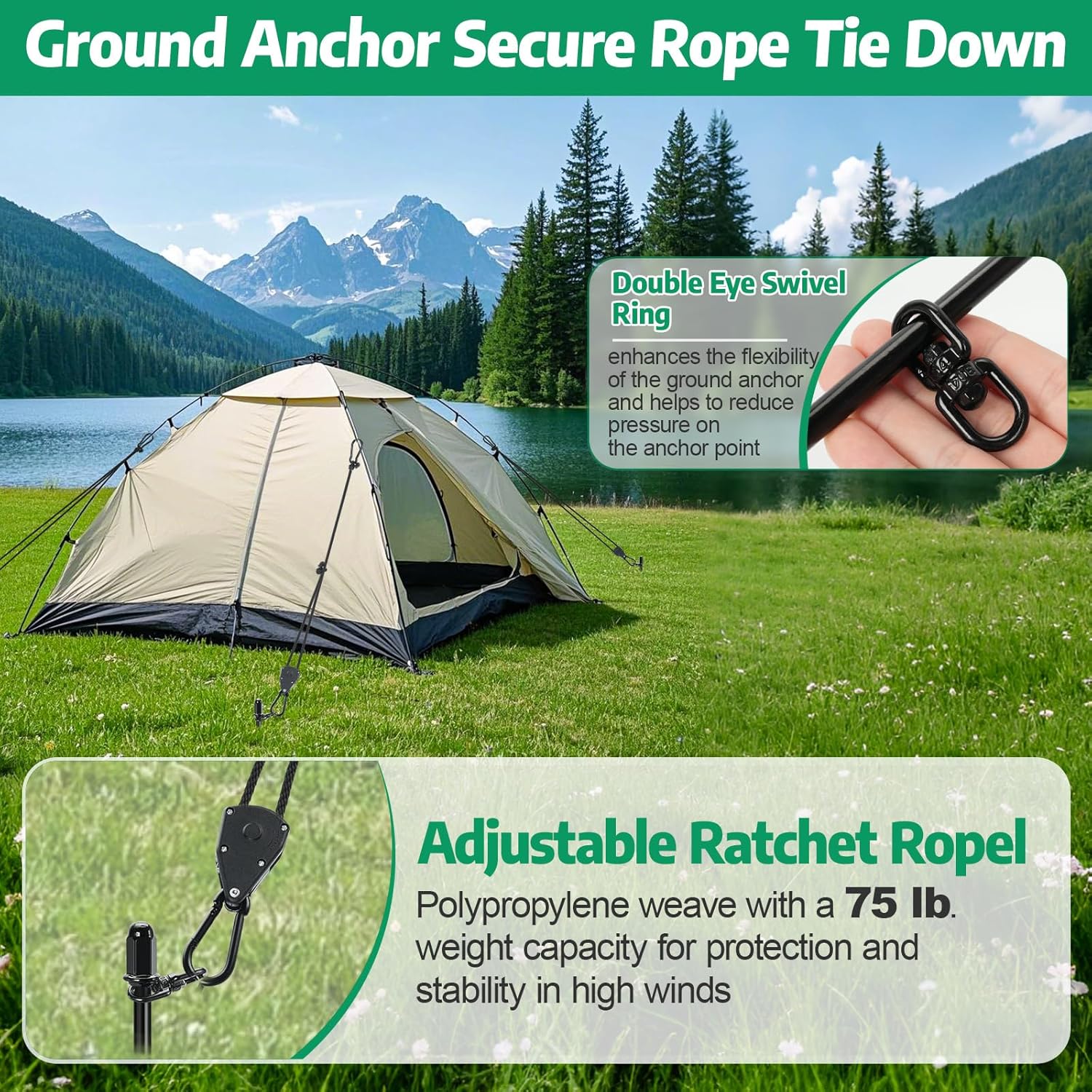 6 Pack Heavy Duty  Tent Stakes with Ratchet Guy Lines and Wrench for Camping Beach Sand