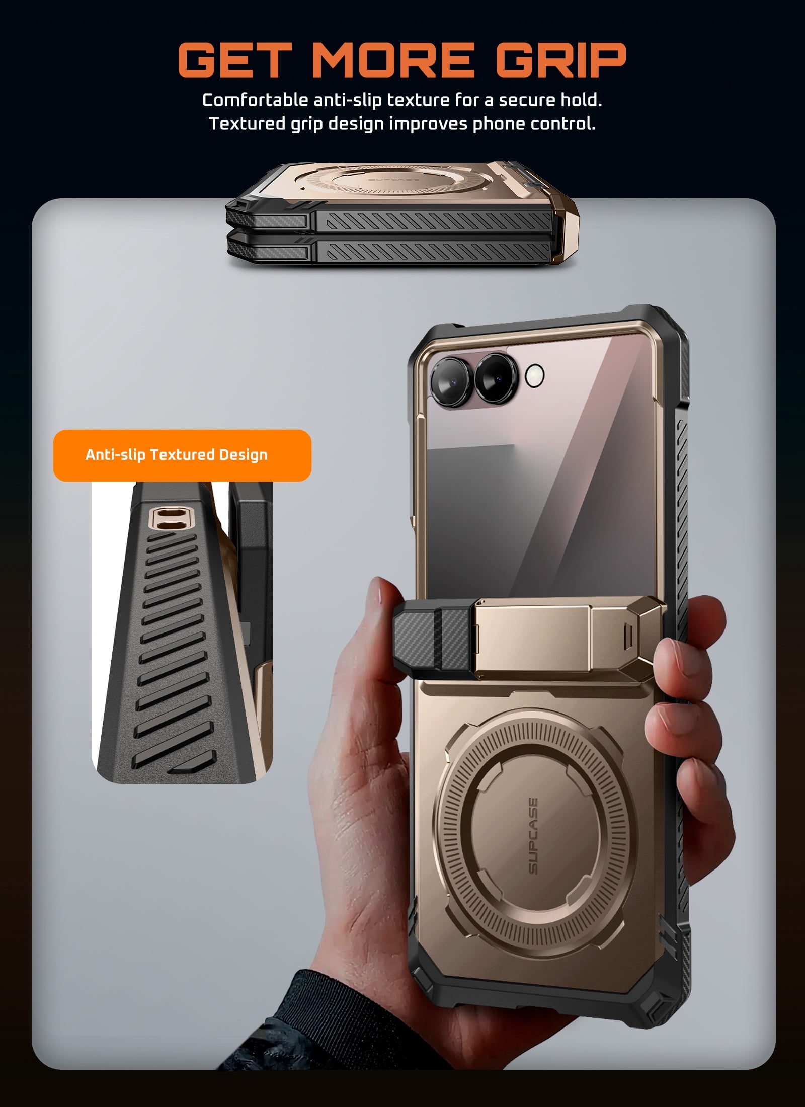 SUPCASE for Samsung Galaxy Z Flip 7 Magnetic Case with Stand & Front Screen Protector, Built-in N52 Magnets [Support MagSafe] Hinge Protection Full Body Military-Grade Rugged Back Phone Cover, Desert