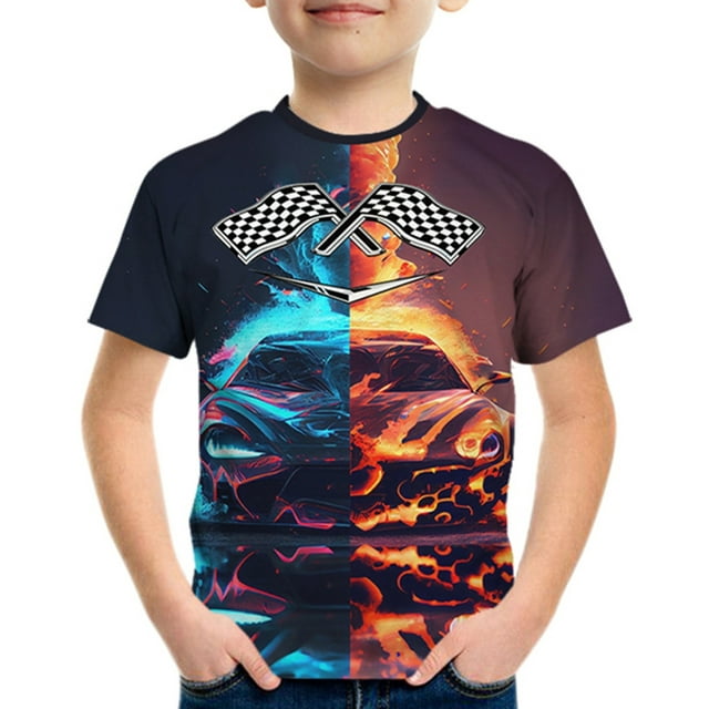 Motif de Voiture de Course Mode Impression 3d T-Shirt Créatif Garçons Manches Courtes Col Rond Vêtements Enfants Été