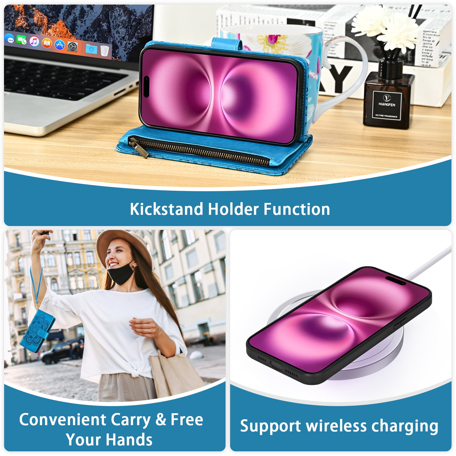 Phone Case for iPhone 16 Plus 6.7 inch Zipper Wallet Magnetic Detachable Cell Cover with Tempered Glass Screen Protector Crossbody Strap Flower Card Holder Slot i Phone16 16+ i16 16Plus Women Blue