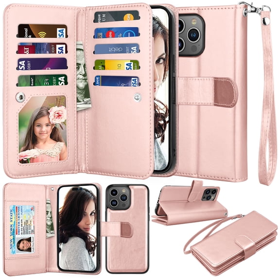 For iphone 15 Pro Phone Case, Leather Wallet Case for Apple iphone 15 Pro, Ebizware Credit Card Cash Holder Folio Flip [Detachable] Kickstand Magnetic Cover & Lanyard for Women Men [Rose Gold]