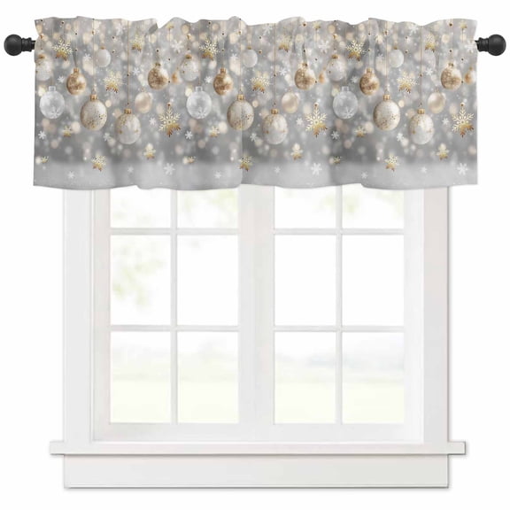 Merry Christmas Valances for Windows, Snowflake Gold Colored Ball Winter Light Filtering Window Treatment Valances, Rod Pocket Small Curtains for Kitchen/Bathroom, 54"x18"