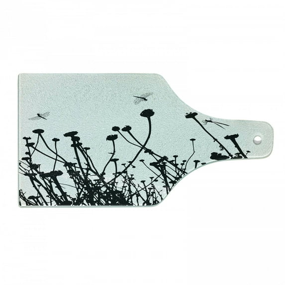 Black and White Cutting Board, Meadow Flowers and Dragonfly Silhouettes Spring Nature Illustration, Tempered Glass Cutting and Serving Board, Wine Bottle Shape, Black and White, by Ambesonne
