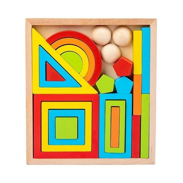 Children's Wooden Box Rainbow Geometric Building Blocks Baby Toys