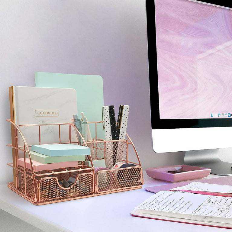 5 Piece Cute Office Supplies Rose Gold Desk Organizer Set - with Desktop  Hang