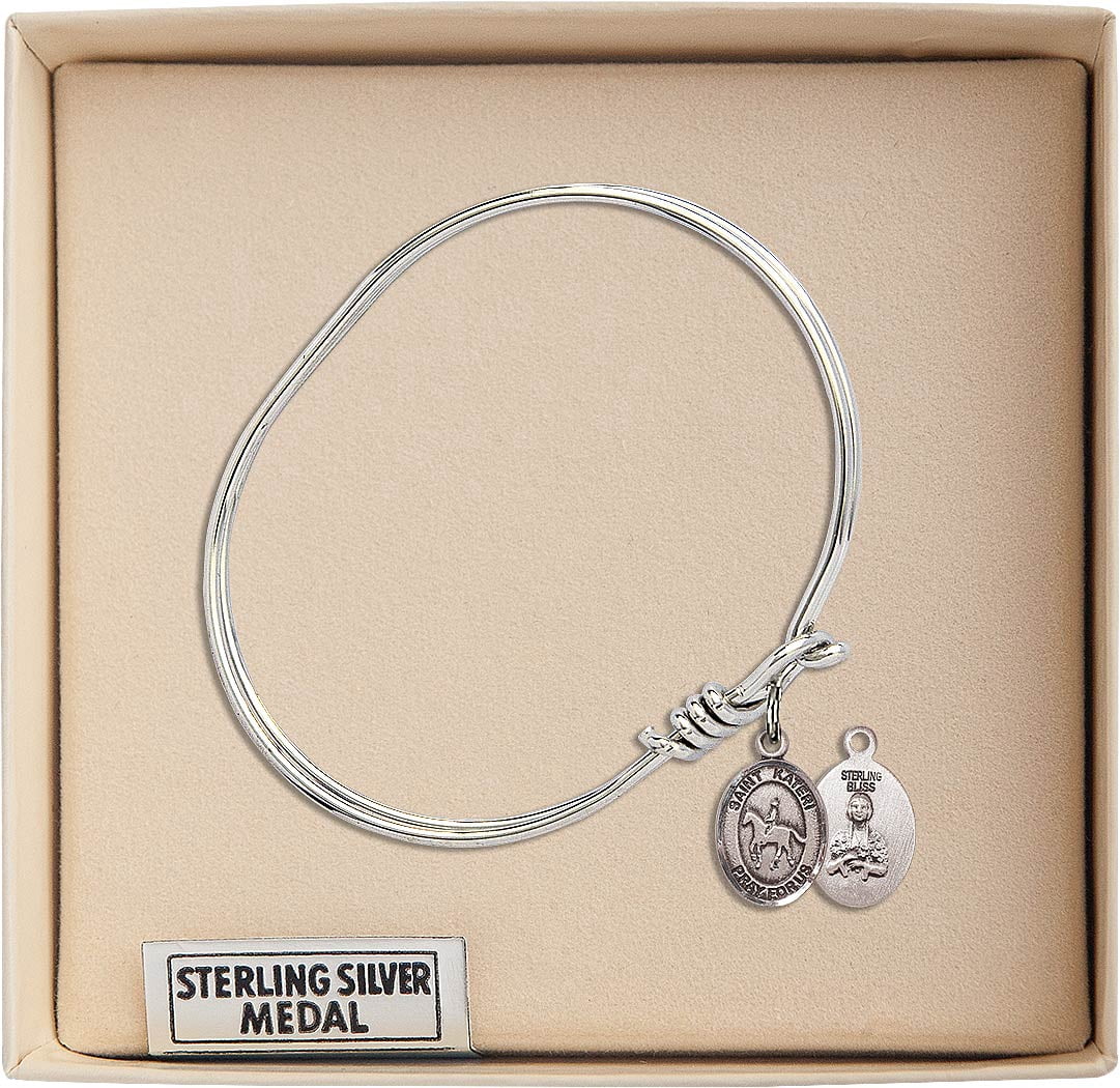 5 3/4 inch Oval Eye Hook Bangle Bracelet w/ St. Kateri/Equestrian in Sterling Silver