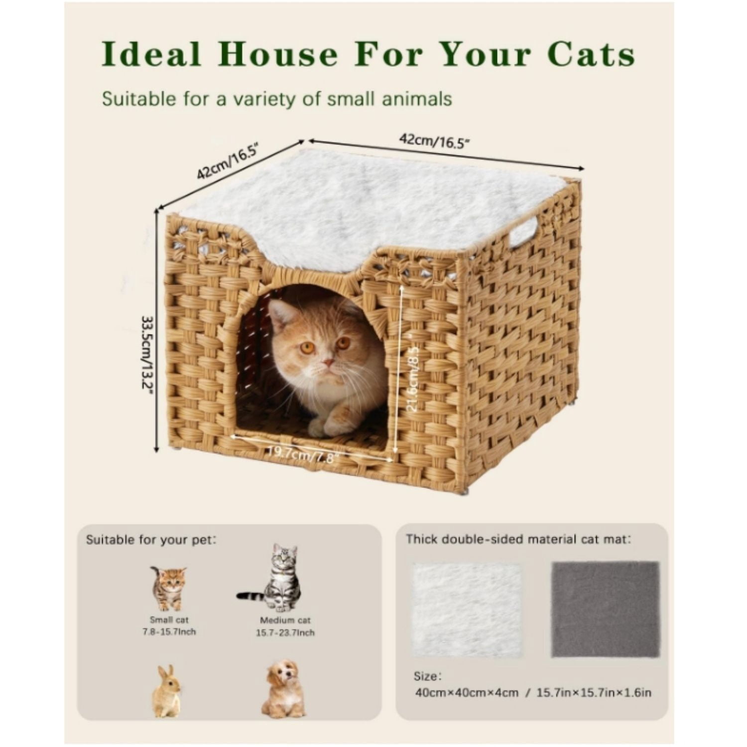 Cat Beds Indoor Kitten House, Handwoven Rattan Cat Cave Pet Cube, Large Cat Houses, One Bed Mat, Foldable, Hideaway, 16.5x16.5x13.2 Inches, 2 S-Shaped Hooks in Living Room Bedroom Natural