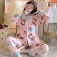 thumbnail image 2 of Conjunto de pijama de algodón con solapa para mujer, traje de pijama holgado informal con estampado de dibujos animados, ropa de casa para otoño e invierno, 2021, 2 of 4