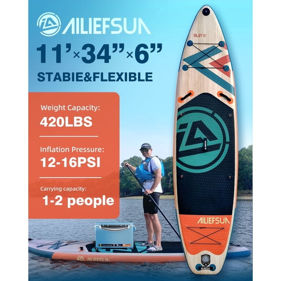 AILIEFSUN Wood Grain, 11'*34”*6“Ailiefsun Stand Up Paddle Board Inflatable Stable Sup Board with Fishing Paddleboards Accessories for Adults Youth Wide Non-Slip Deck Surfboard