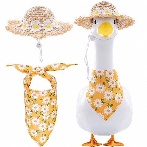 2 Pcs Summer Goose Statue Outfit Set Daisy Flower Hat & Floral Bib Scarf for 23 Inch Cement Plastic Garden Goose Lawn Porch Decor Accessories