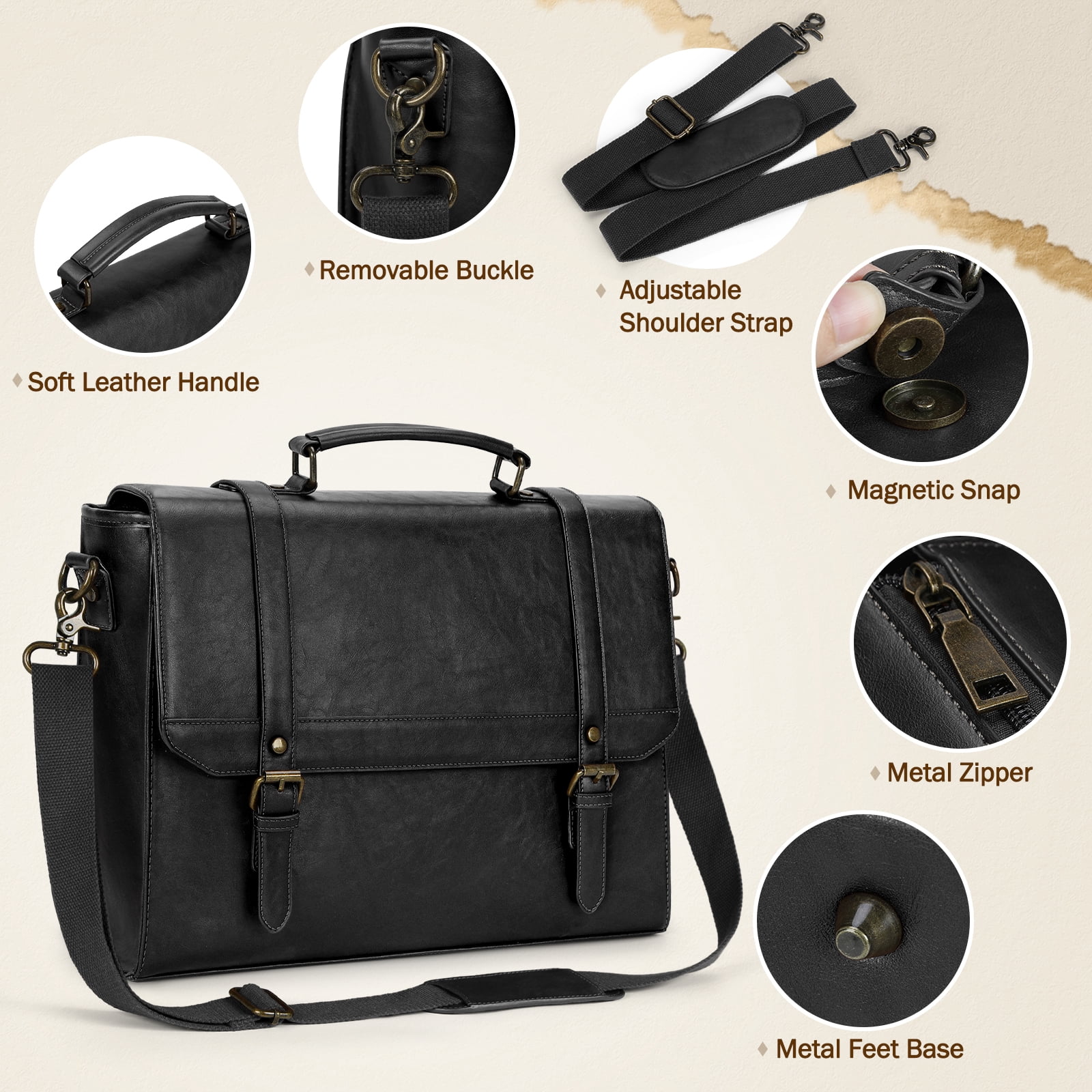 RAINSMORE Messenger Bag for Men 15.6 inch Vintage Leather Waterproof Laptop Briefcase Computer Laptop Bag Large Satchel Bag Retro Shoulder Bag for Office Business College,Black