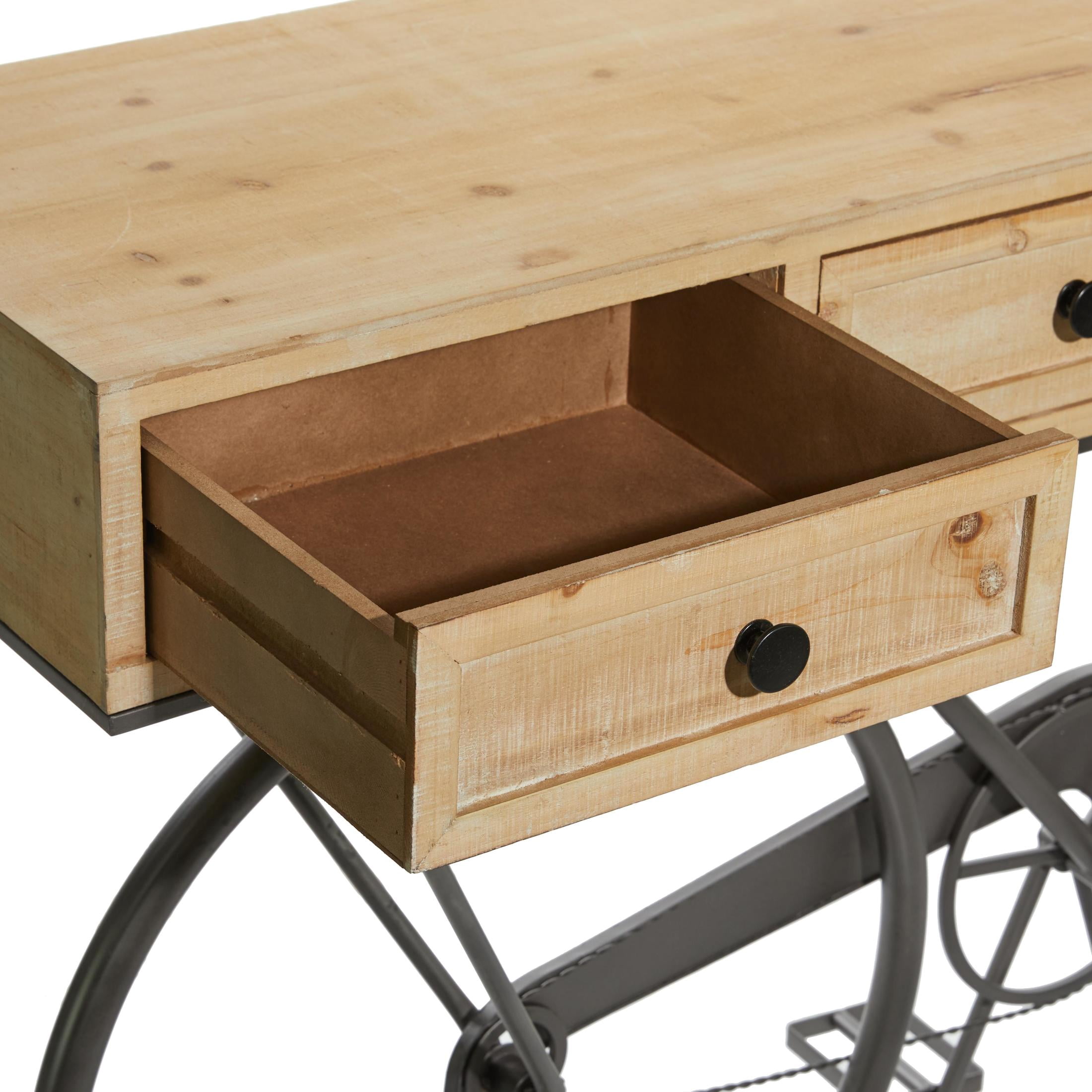 DecMode 58" x 34" Black Metal Bike 3 Drawer Console Table with Brown Wood Top, 1-Piece