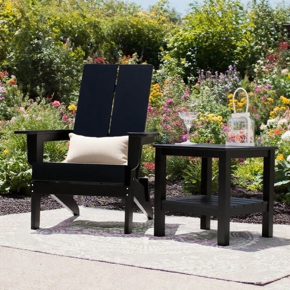 Outdoor Adirondack Chair Set Folding Patio HIPS Recline Chair with Side Table,All-Weather,Wood Texture