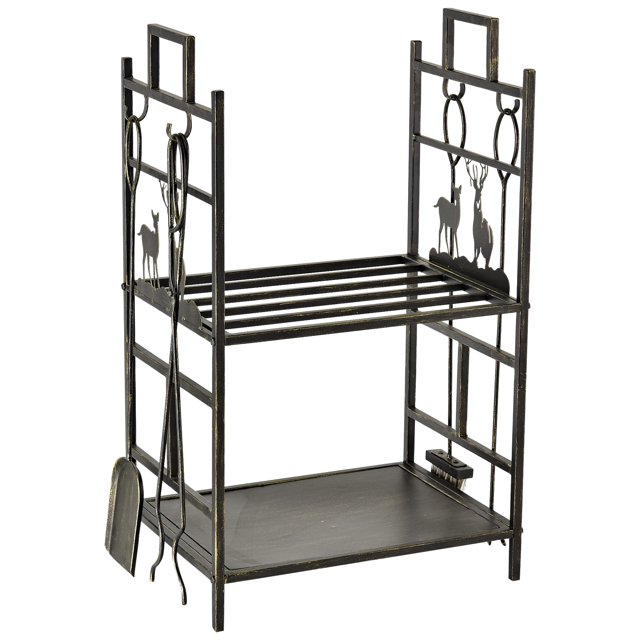 CoSoTower 2-Layer Heavy Duty Firewood Rack Wood Log Fireplace Stacker w/ 4 Tools, Black and Gold