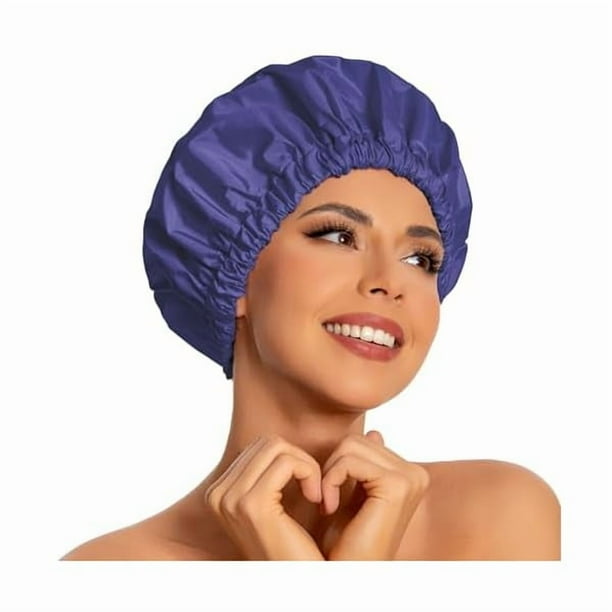 wonima11 Reusable Shower Cap for Women, Large Waterproof Shower Essentials Bonnet Washable Elastic Band Bath Hair Wrap Hat for Long Hair, Braids(Dark Blue Purple)