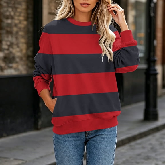 Warop Women Long Sleeve Striped Shirt Crewneck Pullover Top Casual Loose Streetwear Rugby Sweatshirt