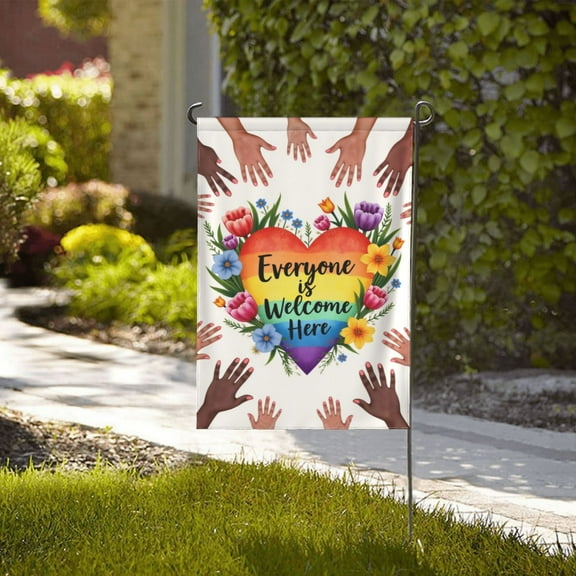 Welcome Everyone Garden Flag 12x18 Inch Double Sided Rainbow Heart Floral Design Inclusive Outdoor Yard Flag LGBTQ  Pride Decoration Spring Summer Decor