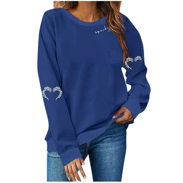 LMKIHUSA Chandail Graphique d'Halloween pour Femmes Saison Effrayante Squelette Cœur Chandail à Enfiler Hauts Manches Longues Col Rond Blouses Douces Décontracté Tendance 2025 Chandail Bleu Marine,TTG