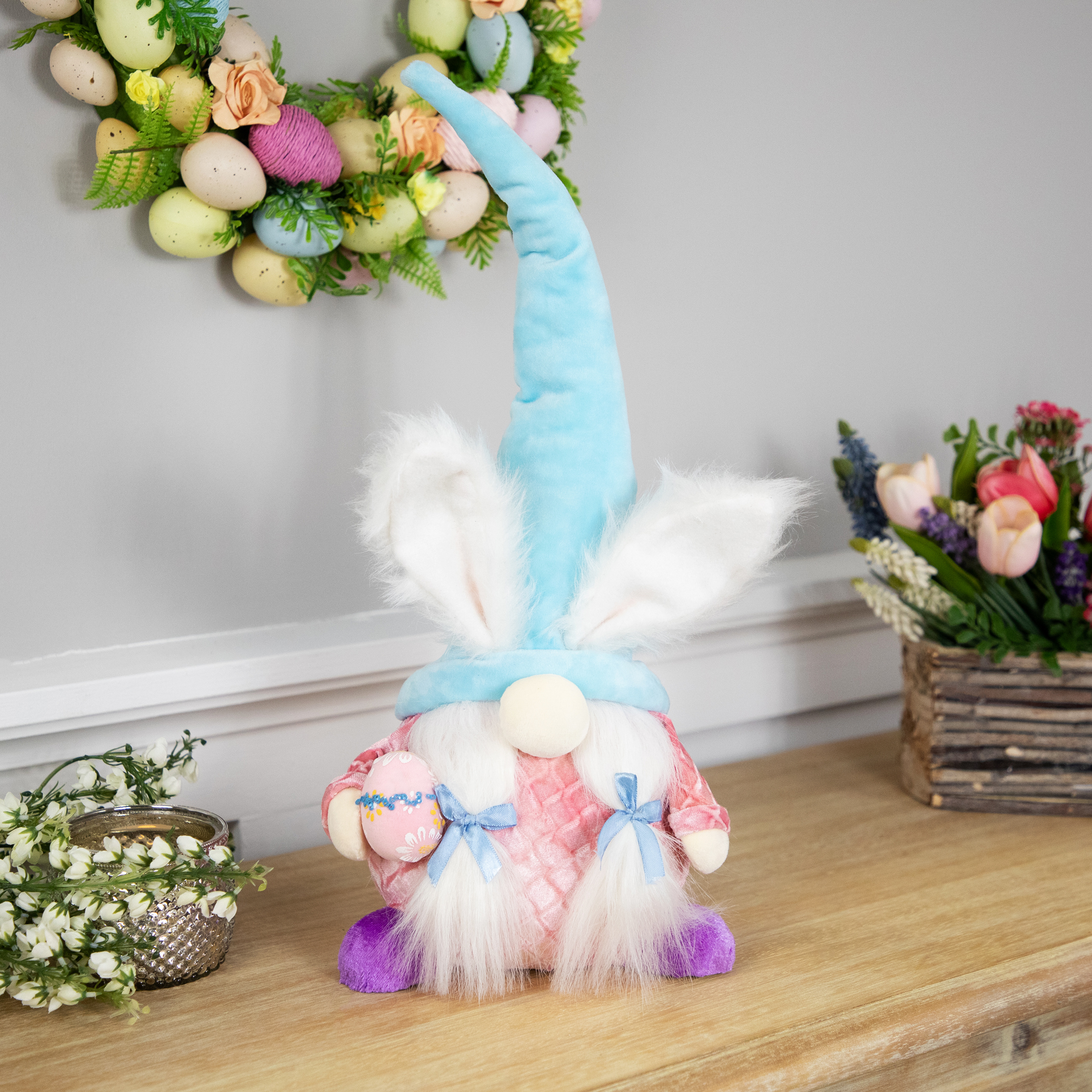 Northlight Girl Gnome Girl with Bunny Ears Easter Figure - 18.25" - Blue and Pink