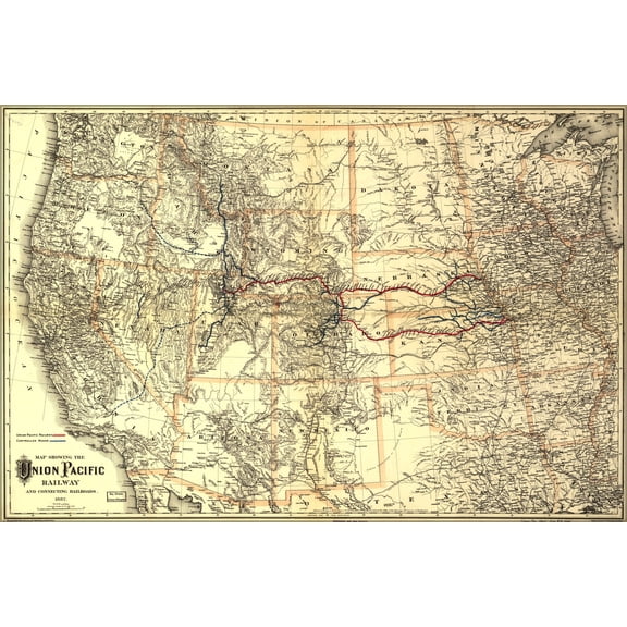 24"x36" Gallery Poster, Map showing the Union Pacific Railway 1882