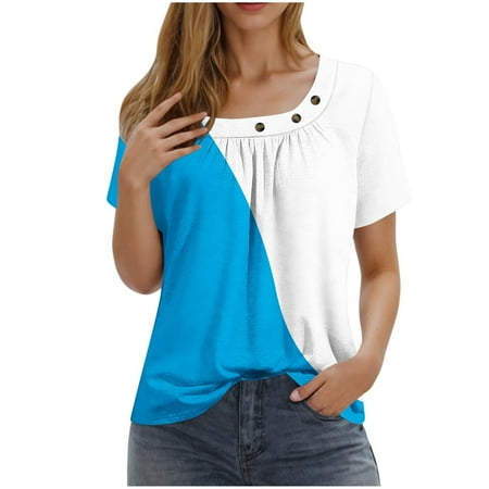 Moxiu Womens Tops Short Sleeve Square Neck Button Pleated Geometry Printed Vintage T Shirts 2025 Summer Casual Graphic Blouse Light Blue L