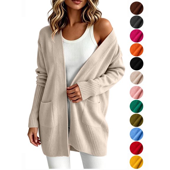Hzzrkos Women Casual Loose Solid Color Open Front Knit Cardigan Long Sleeve Pocket Sweater Coat Lightweight Outerwear Duster Cardigan Jacket Beige M