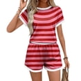 thumbnail image 4 of Sewkxo Two Piece Sets for Women Stripe Summer Lounge Short Sets Shorts Sleeve Crew Neck Sweatsuit with Pocket,Hot Pink L, 4 of 5