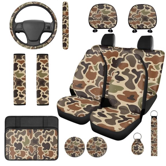 XYZCANDO Duck Camo 14 Pack Car Seat Covers Full Set Steering Wheel Cover Auto Center Console Pad Seat Belt Pads Headrest Covers Cup Coasters for Most Cars SUVs Sedans