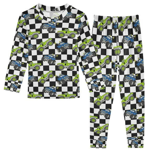 joogoo Cartoon Vehicle Car Checkered 2 Piece Long Sleeve Tee and Pants Cotton Pajama Set 5Y