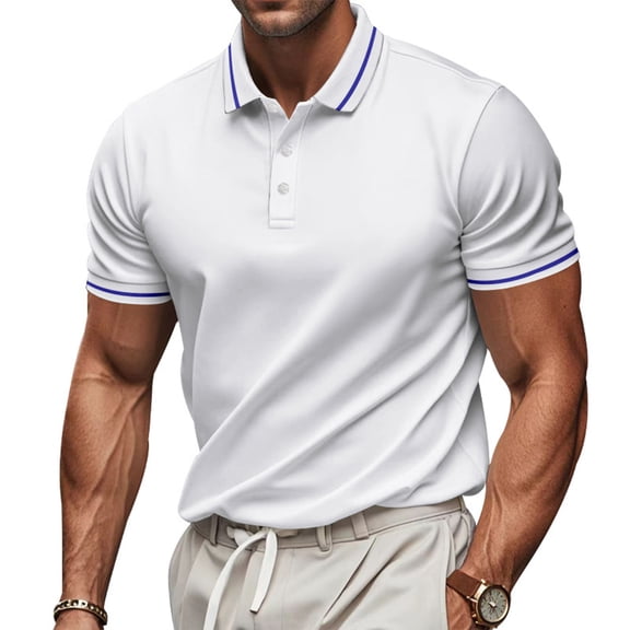 Mens Polo Shirts Short Sleeve Dual Tipped Collar T-Shirt Cotton Pique Buttons Classic Fit Casual Golf Shirts White L
