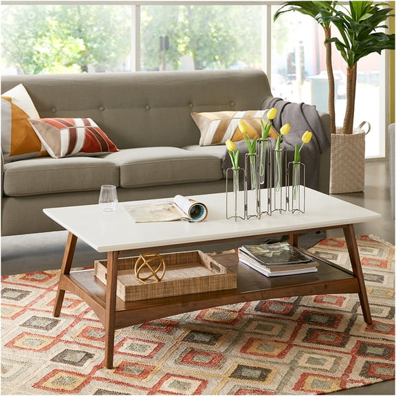 JERFIT Mid-Century Modern Coffee Table with Storage Shelf, 48 Inch Two-Tone Wood Console Table for Living Room, Off-White and Pecan Finish