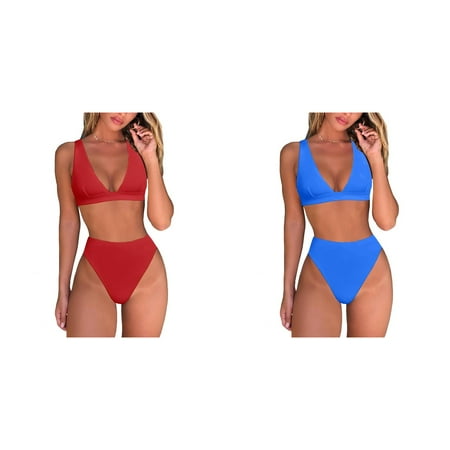 (2-Pack) Kcodviy Womens High Waisted Thong Two Cute Swimsuits for Women Shorts Bikini Sets Brazilian Swimming Bra for Women Triangle Top Deep V Swimsuit for Juniors Neck Two Piece Swimsuit Bath