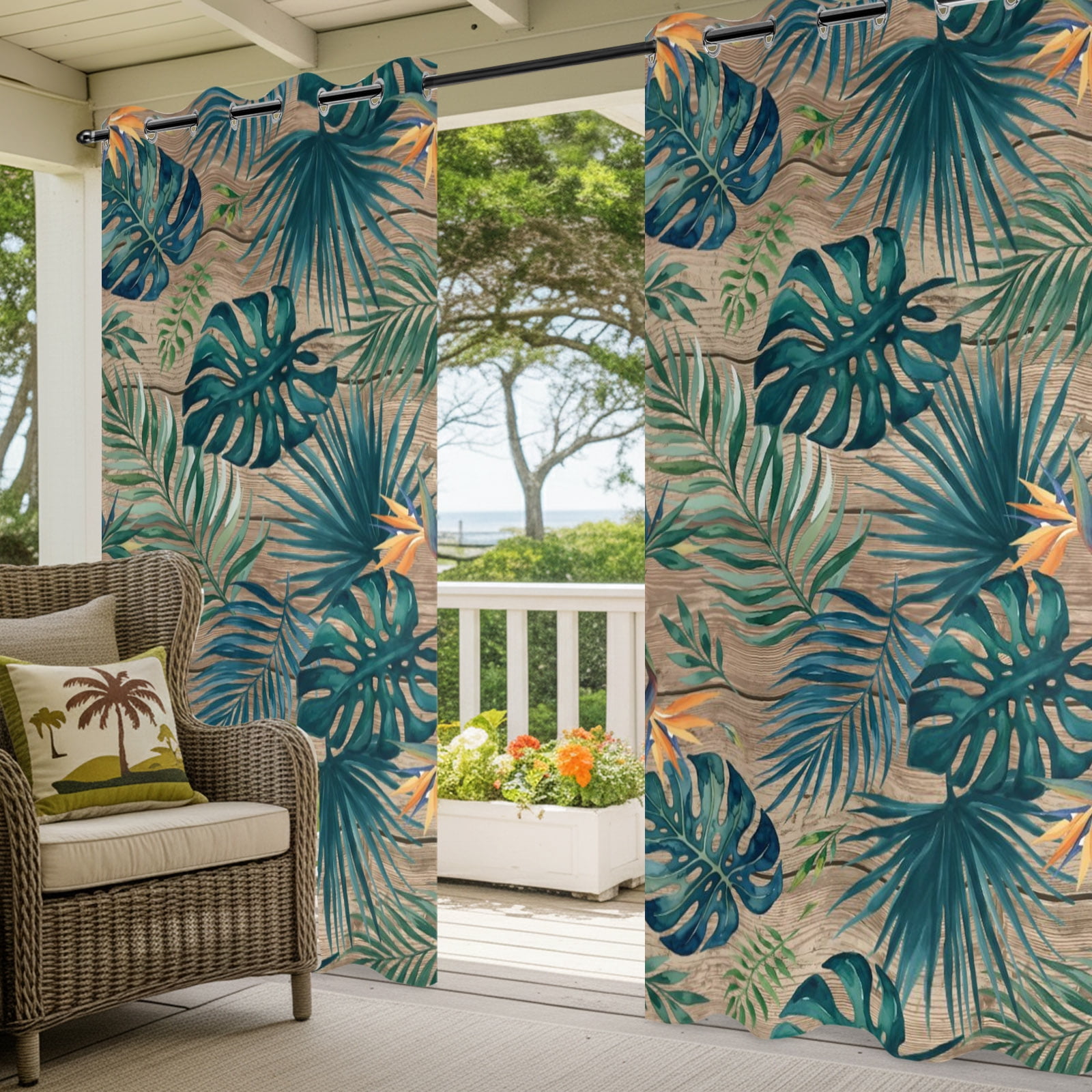 Palm Leaves Outdoor Curtains for Patio, Summer Brown Wood Grain Tropical Botanical Sunshade Privacy Drapes Grommet Waterproof Outside Curtains for Porch/Cabana/Balcony 54"x 108", 1 Panel