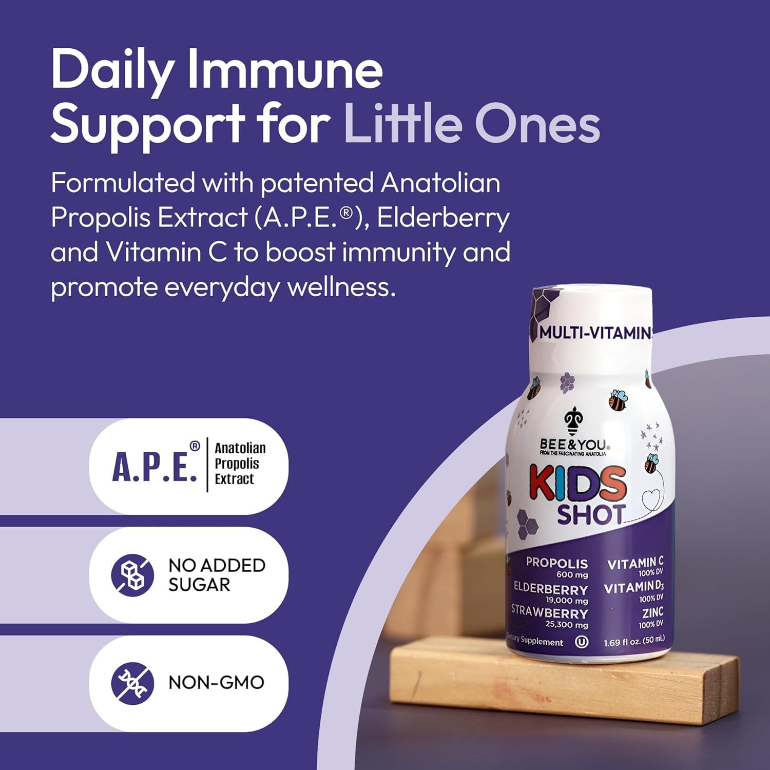 BEE&YOU Kids Propolis Shot with Vitamin C, Vitamin D3 & Zinc, Strawberry Flavor, No Added Sugar, Non-GMO Kids Daily Supplement, Ages 4+