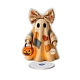 thumbnail image 2 of Halloween Vintage Patchwork Ghost 2D Acrylic Tabletop Decor, 360° Rotatable Clear Base Ghost Ornament with Pumpkin Trick or Treat Bucket, 2 of 9