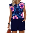thumbnail image 6 of YOIAVAIOY Two Piece Linen Short Set for Women Summer 2 Piece Outfits Print Set V Neck Sleeveless Tank Top and Shorts Pockets Lounge Sets Blue XL, 6 of 8