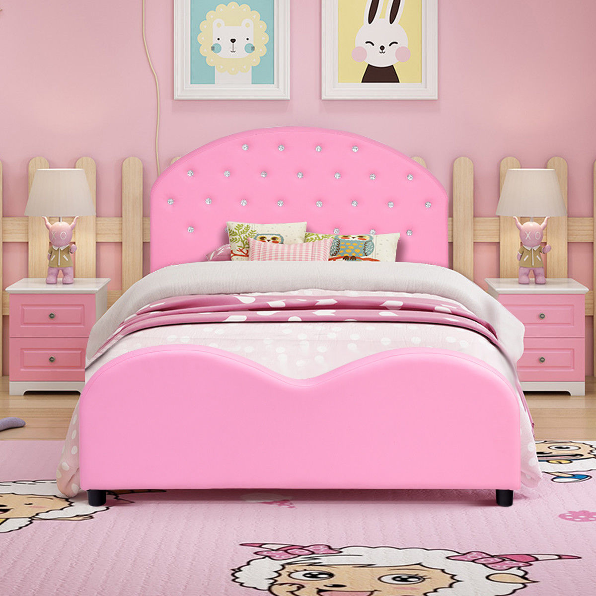 Costway Kids Children PU Upholstered Platform Wooden Princess Bed Bedroom Furniture Pink - image 2 of 9