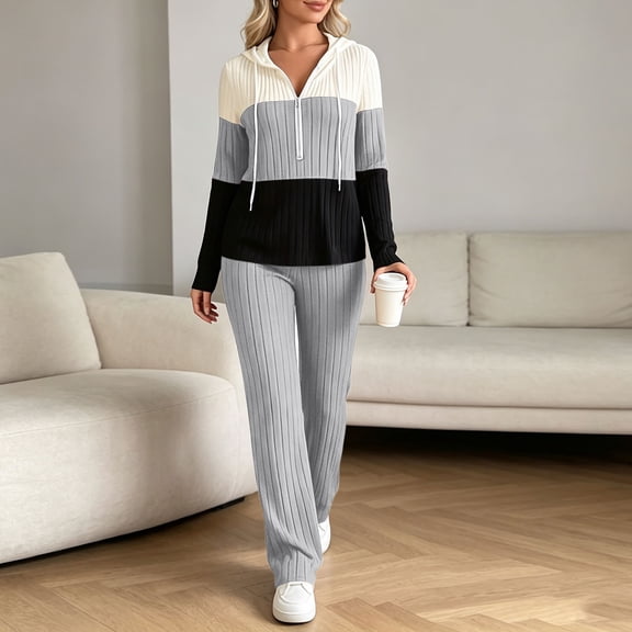 Bzdzmqm Women's 2 Piece Lounge Set V Neck Long Sleeve Hoodie with Wide Leg Pants Casual Solid Basic Tracksuit Cozy Zip Up Loungewear Fall Winter Outfit, Gray M