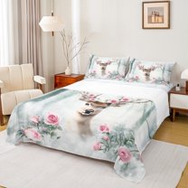 Manfei Xmas Reindeer Twin Bed Sets,Pink Flower Floral Fitted Sheets,Merry Xmas Flat Sheet For Girl,Microfiber Bedroom Decor,3 Pieces