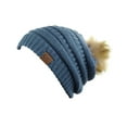 thumbnail image 2 of NYFASHION101 Exclusive Soft Stretch Cable Knit Faux Fur Pom Pom Beanie Hat - Dark Denim, 2 of 4