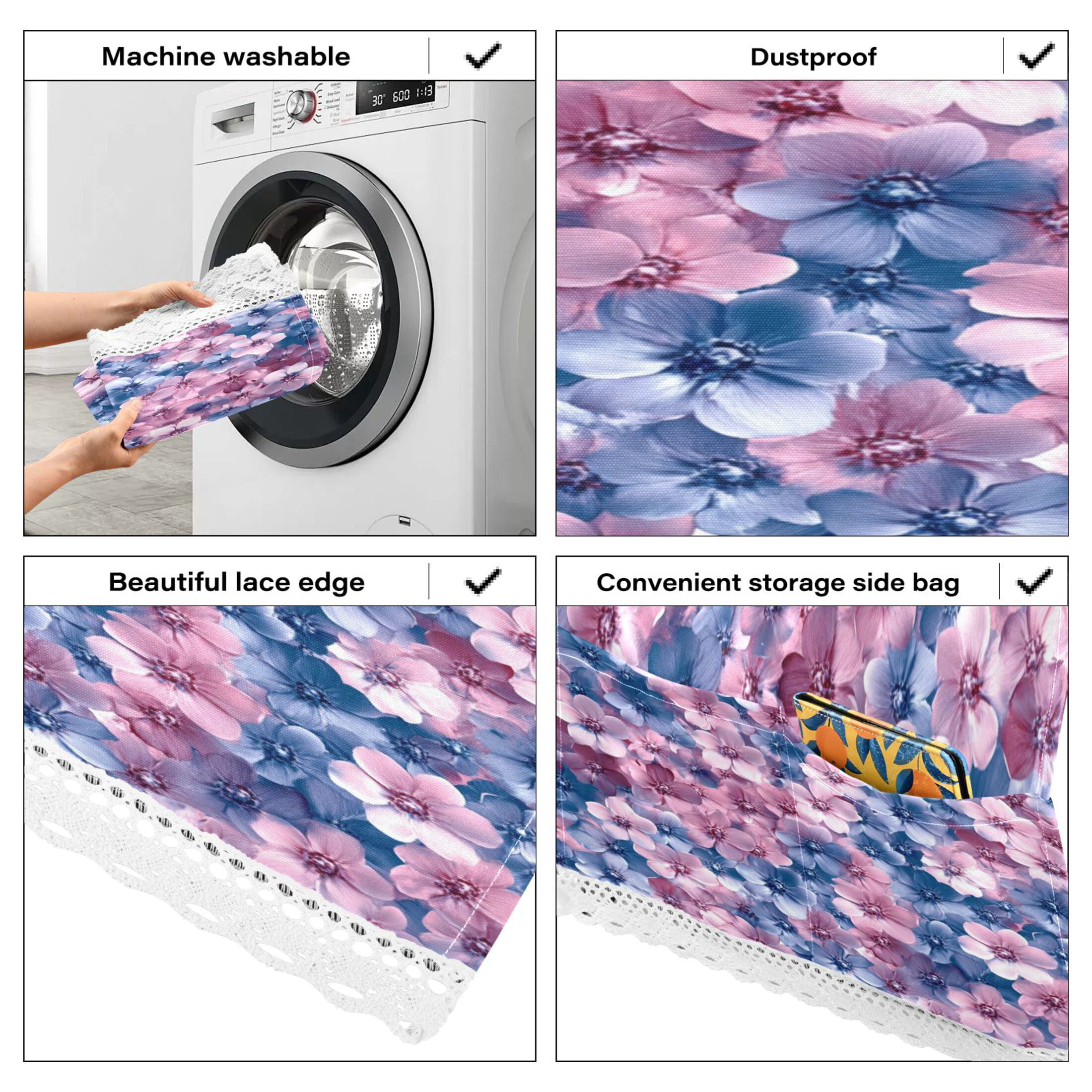 Fluffy FlowersWasher and Dryer Covers Dust-Proof and Oil Resistant Fridge Cover with 4 Storage Pockets Washing Machine Top Cover for Laundry Kitchen Home 51.2 x 22 In
