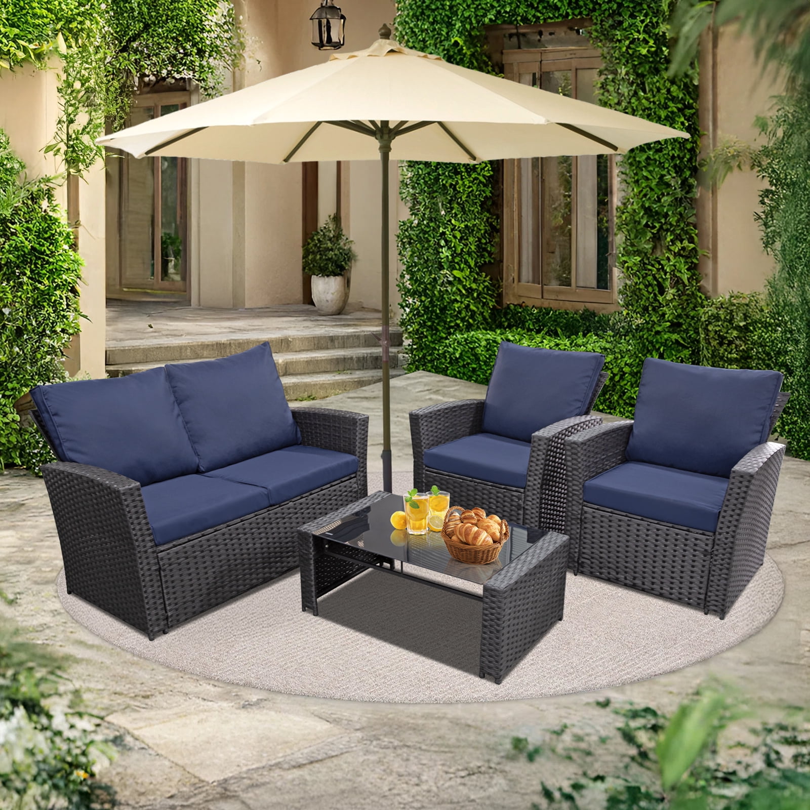 4 Pieces Patio Furniture Set, Indoor/Outdoor Rattan Sectional Sofa Conversation Bistro Set for Garden Balcony Backyard Porch Lawn, Black Rattan/Blue Cushion
